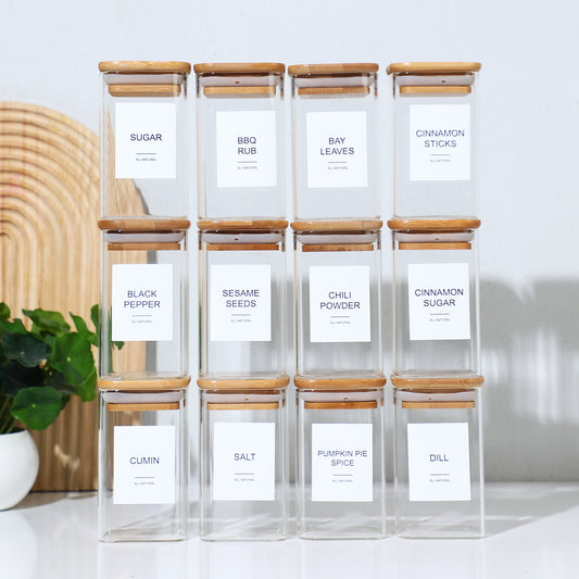12 Pcs Square Spice Jars With 72 Stickers, Kitchen Pepper Jars For Salt Seasoning, Snacks, Tea, Coffee - DropOnline.co