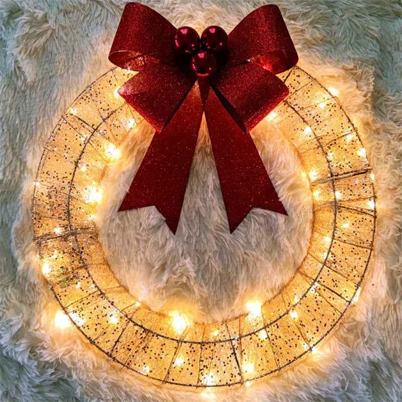 Christmas LED Wreath 50cm - Luminous Metal Garland with Bow & Warm Lights for Front Door - DropOnline.co