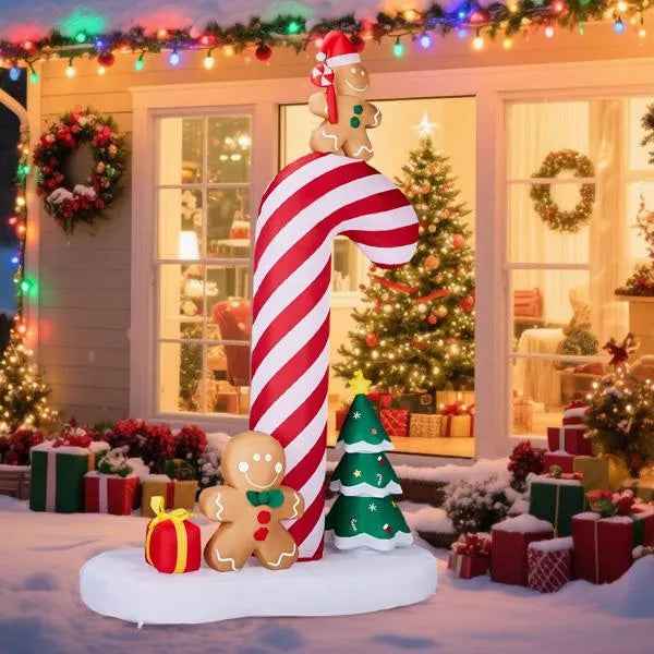 8.2FT Inflatable Giant Candy Cane with Gingerbread Men - LED Christmas Yard Decoration - DropOnline.co