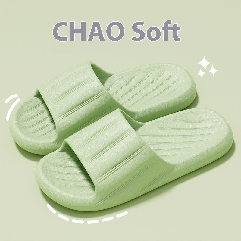 Fashion Solid Color Striped Home Slippers Summer Thick Bottom Non-slip Bathroom Slipper Women Men Couples Shoes - DropOnline.co