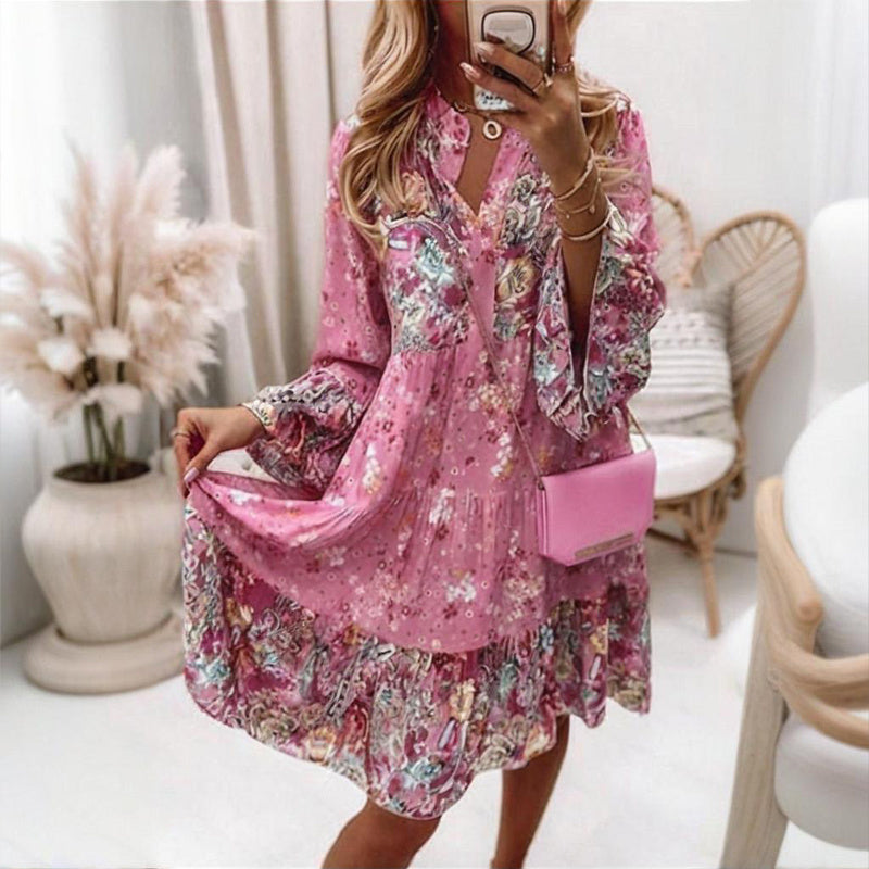 Plus Size Women's Round Neck Button Front Floral Print Dress - Spring Summer Patchwork Midi Dress - DropOnline.co