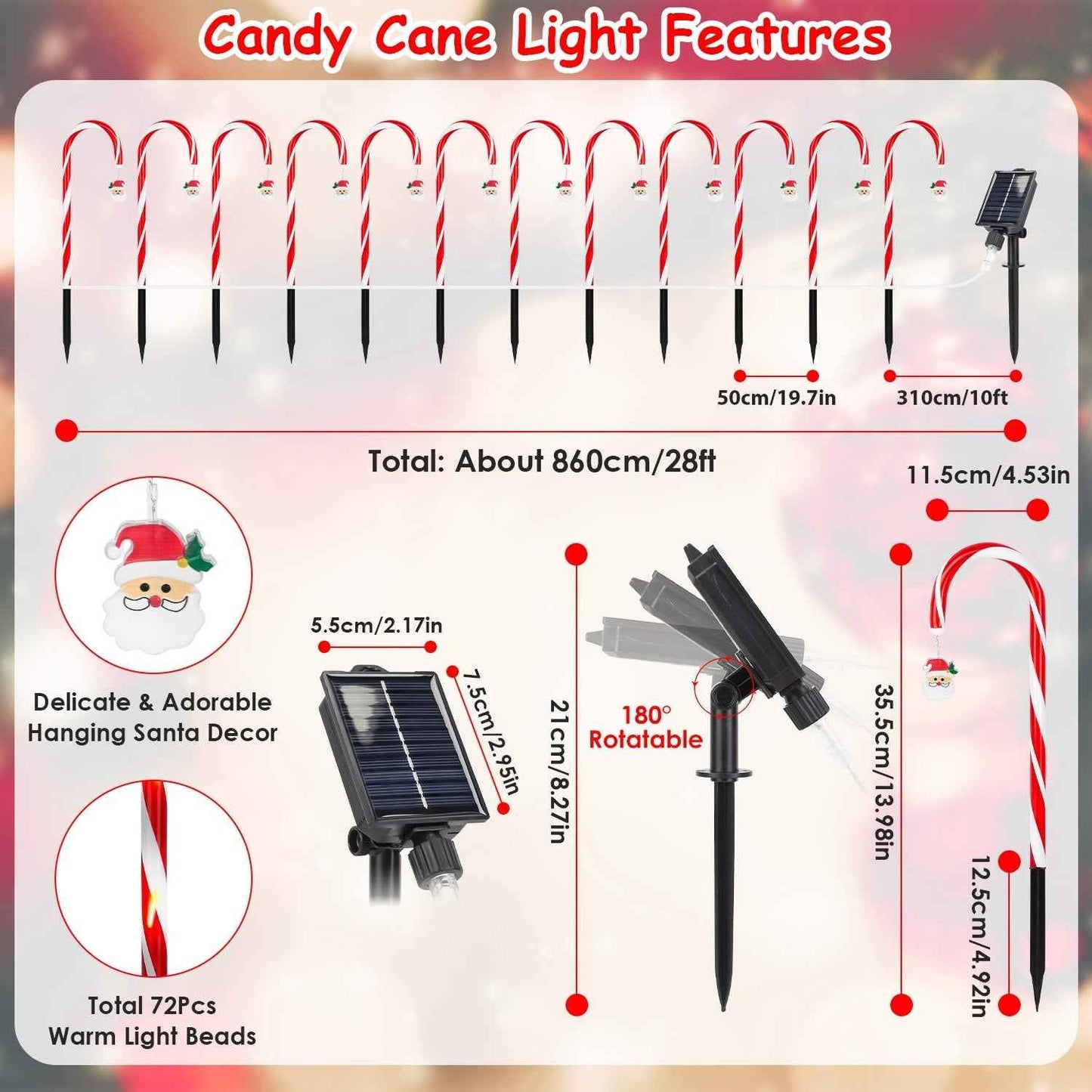 Solar Christmas Candy Cane Lights - 12 Candies 72LEDs IP44 Waterproof 8 Modes - DropOnline.co