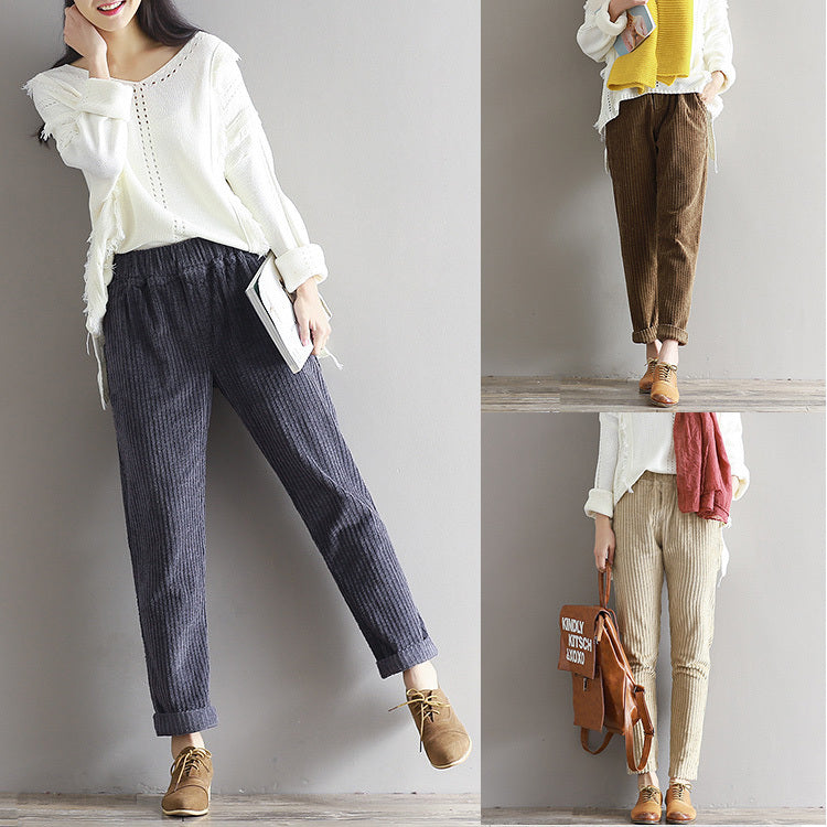 Large Size Women's Art Fan Xian Thin Corduroy Pants Autumn And Winter Loose Casual Trousers - DropOnline.co