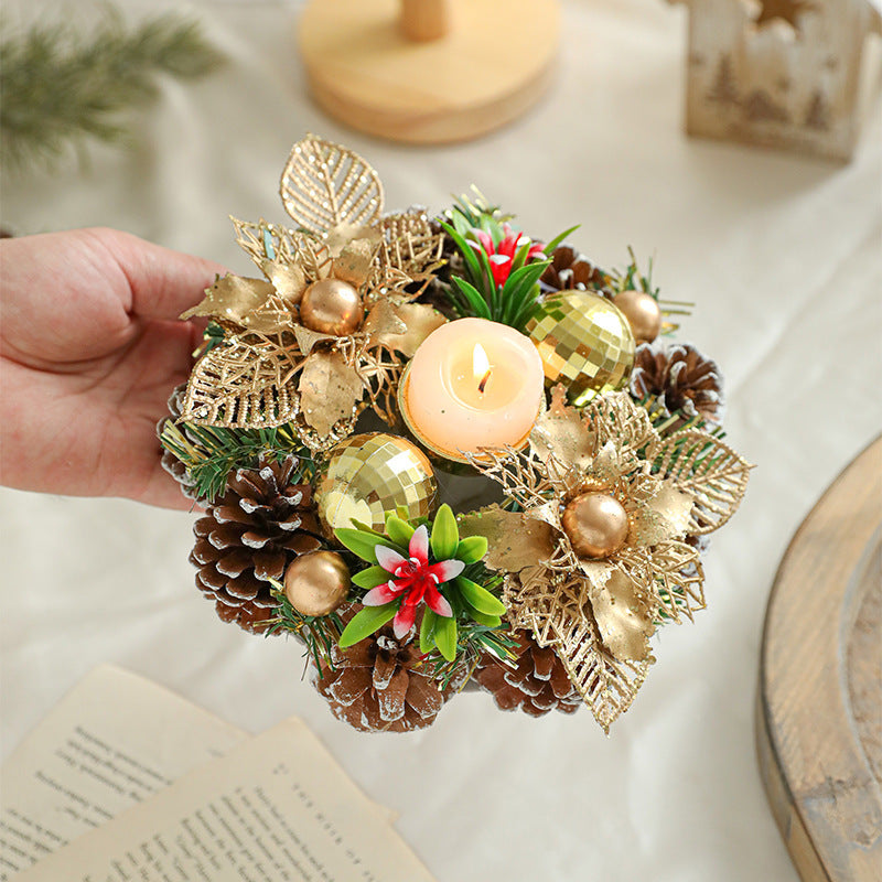 Christmas Candle Metals Candlestick Wreath Artificial Pinball Pinecone Candle Holder Fake Leaves Xmas New Year Home Table Decor - DropOnline.co