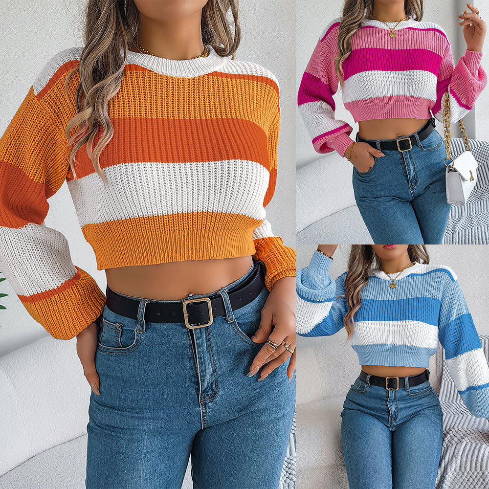 Casual Color-Block Lantern Sleeve Cropped Sweater - DropOnline.co