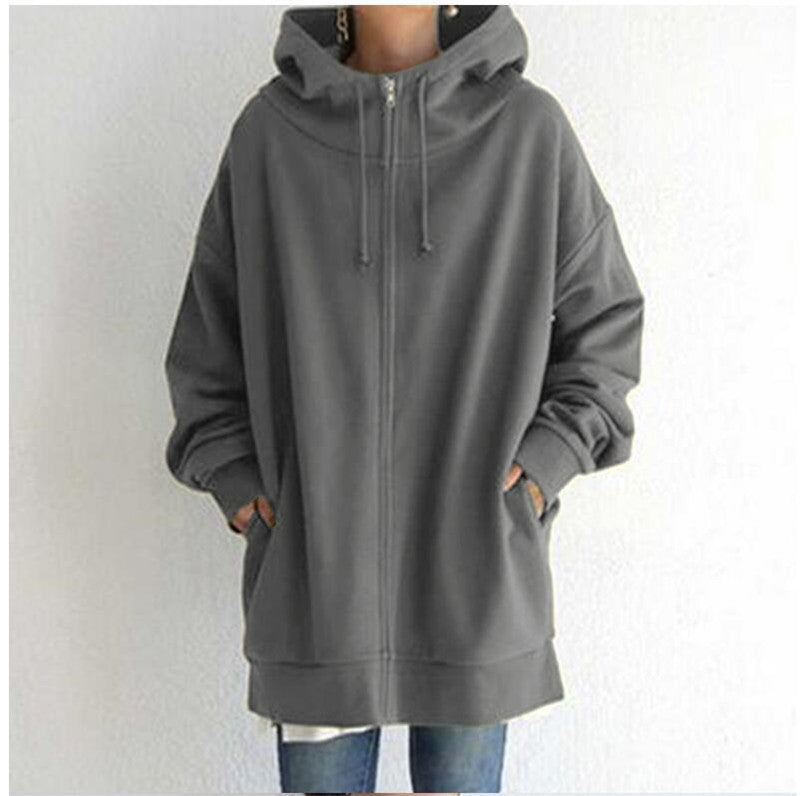 Women's Oversized Hooded Zip-Up Sweatshirt - Velvet-Lined Long Coat - DropOnline.co