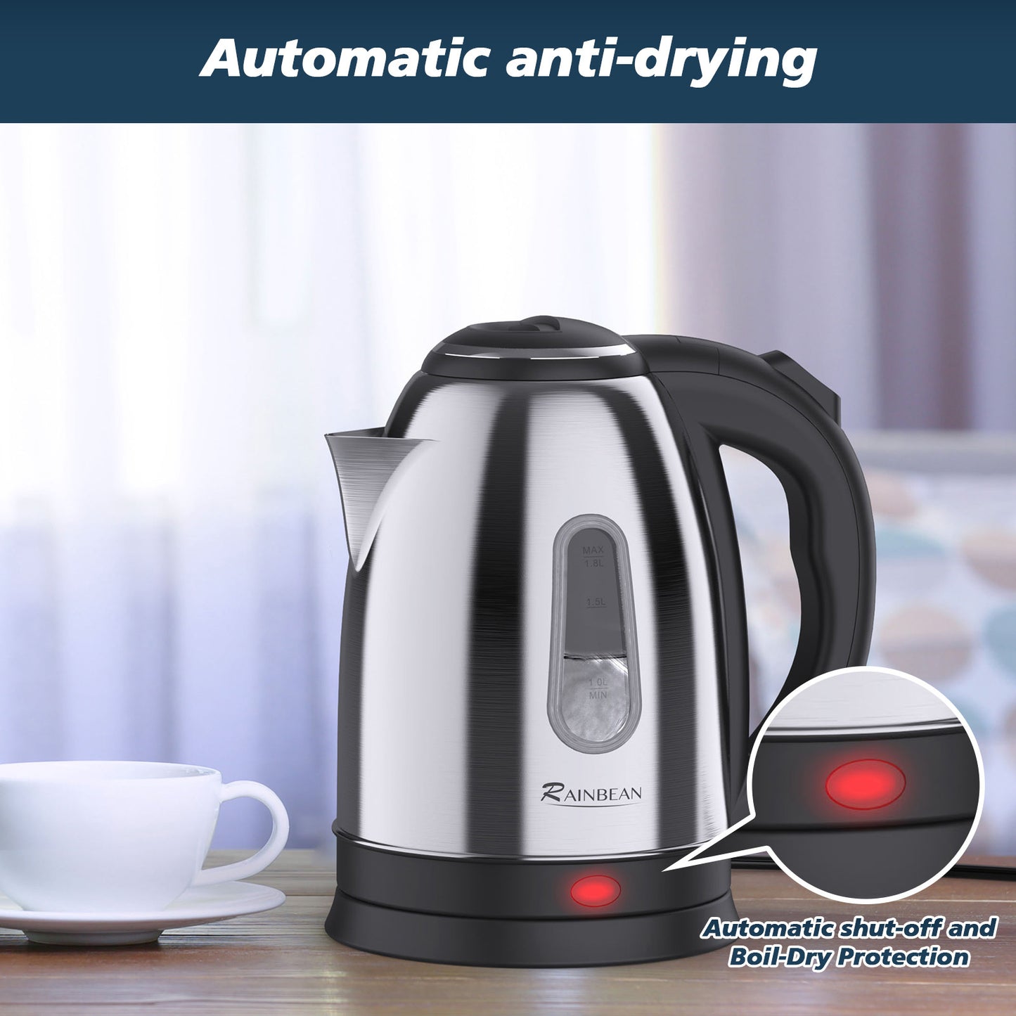 Electric Kettle Water Boiler, 1.8L Electric Tea Coffee Kettle Hot Water Boiler Auto Shut-Off & Boil Dry Protection - DropOnline.co