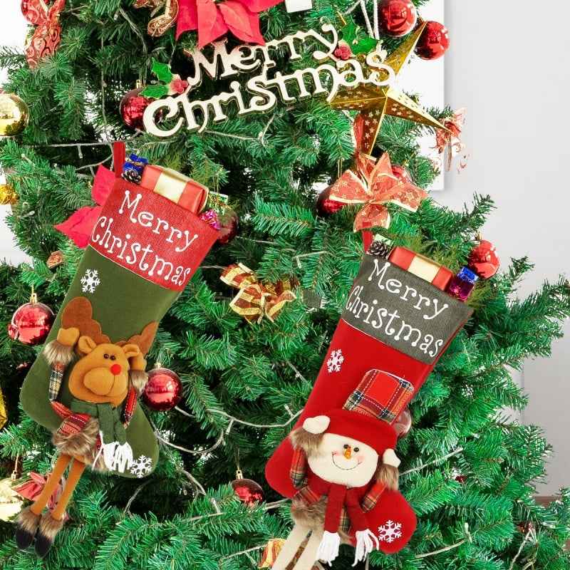 Christmas 3D Plush Big Stockings Set - Santa Snowman Elk Tree Pendant Decorations - DropOnline.co
