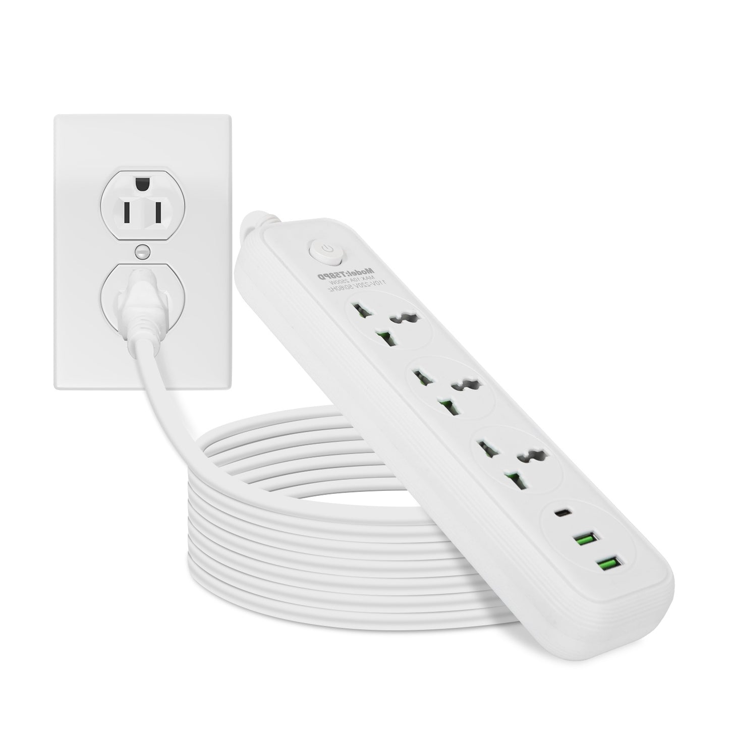 1Pc Power Strip With 6FT Extension Cord 3 AC Outlets And 2 USB A Ports 1 USB C Port 2500W Wall Mount Outlet Extender For Home Office Dorm Travel - DropOnline.co