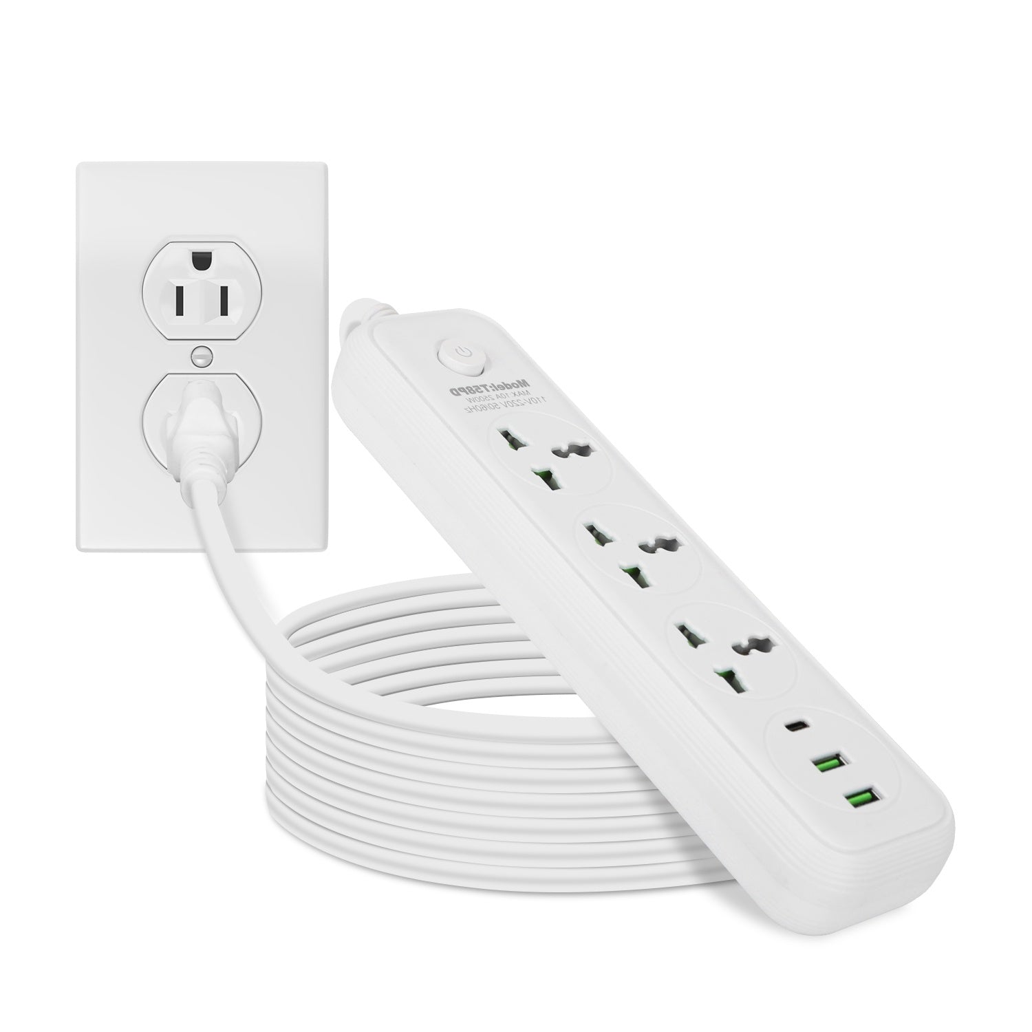 1Pc Power Strip With 6FT Extension Cord 3 AC Outlets And 2 USB A Ports 1 USB C Port 2500W Wall Mount Outlet Extender For Home Office Dorm Travel - DropOnline.co