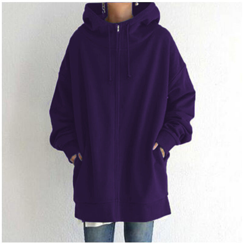Women's Oversized Hooded Zip-Up Sweatshirt - Velvet-Lined Long Coat - DropOnline.co