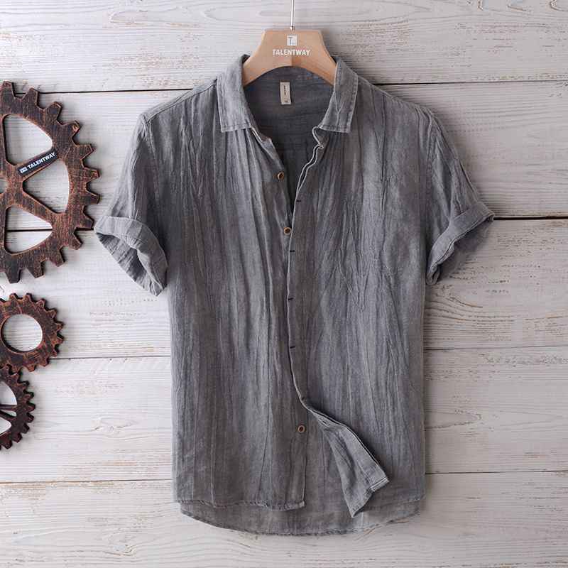Men's Solid Color Retro Distressed Linen Shirt - Fashion Casual Button-Up