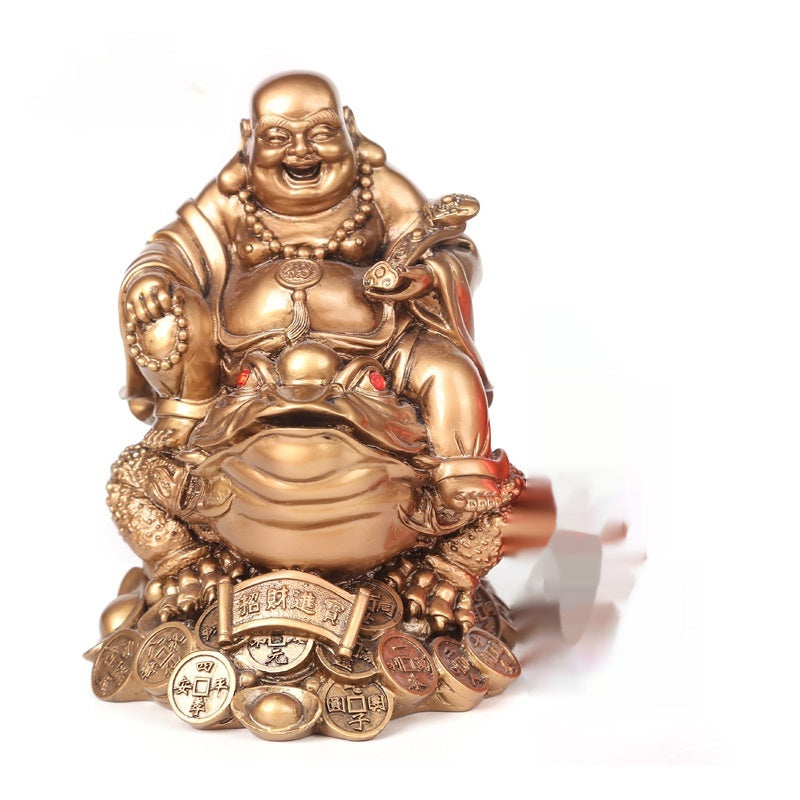 Copper Maitreya Buddha Ornament Sitting On A Golden Toad - DropOnline.co