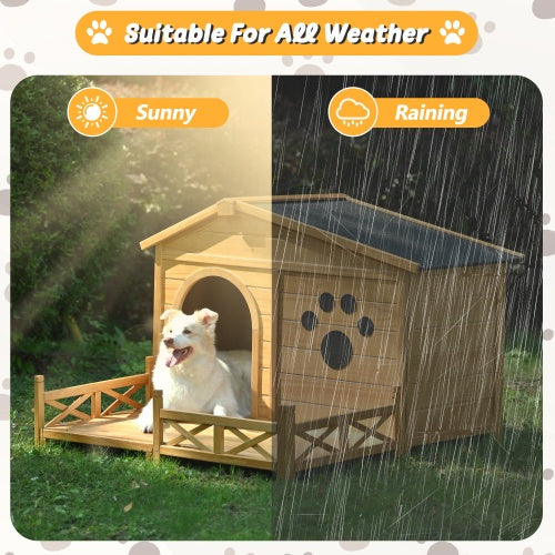 48 Wooden Dog House Outdoor With Porch, Dog Kennel With Water-Resistant Asphalt Roof And Fencing,Indoor & Outdoor Dog Crate With Paw Print, Medium, Nature - DropOnline.co