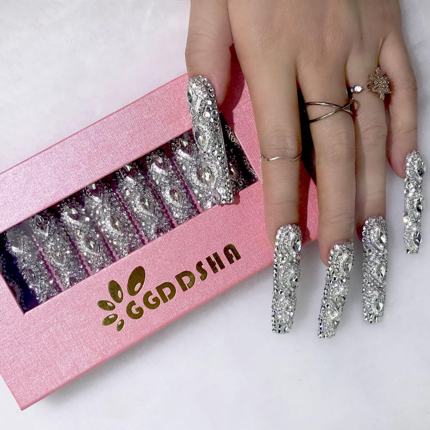 GGddsha Queen Of Haute Style Full Diamond Long NailsPMMA Acrylic Handmade Full Deluxe 3D Crystal Fake Nailsw Box, Gift For Women,Luxe Divinity - DropOnline.co