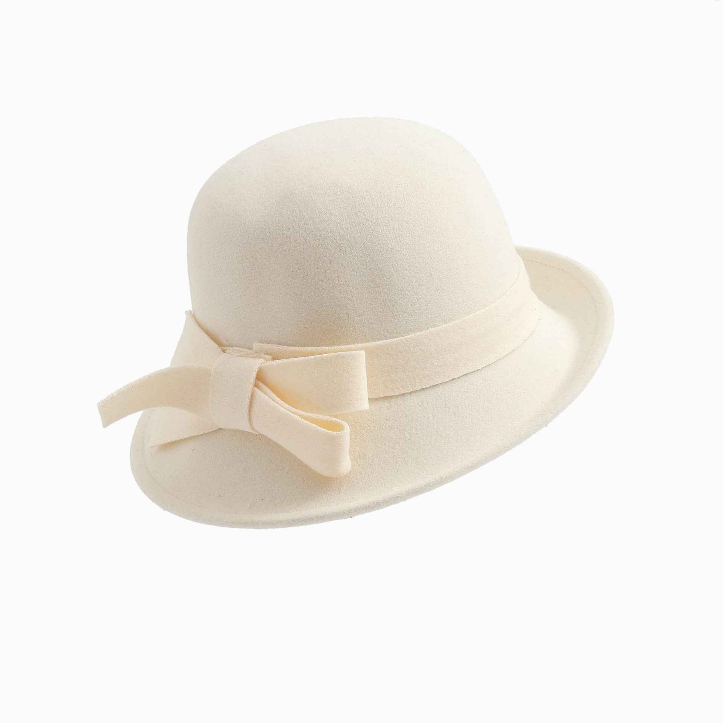 Women's French-Style Elegant Retro Woolen Bowler Hat with Curling Bow