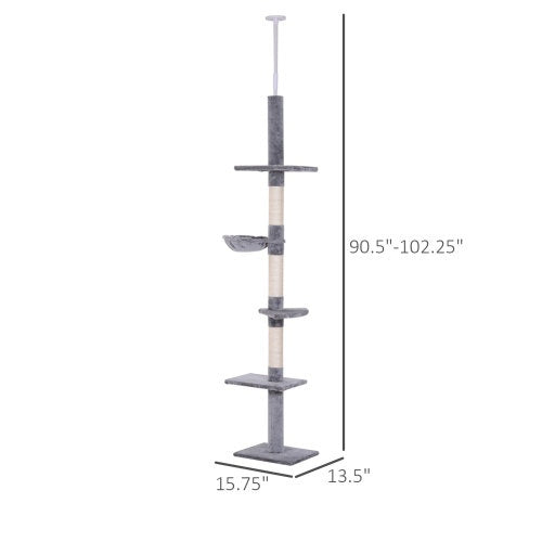 PawHut 9' Adjustable Height Floor-To-Ceiling Vertical Cat Tree - Grey And White - DropOnline.co