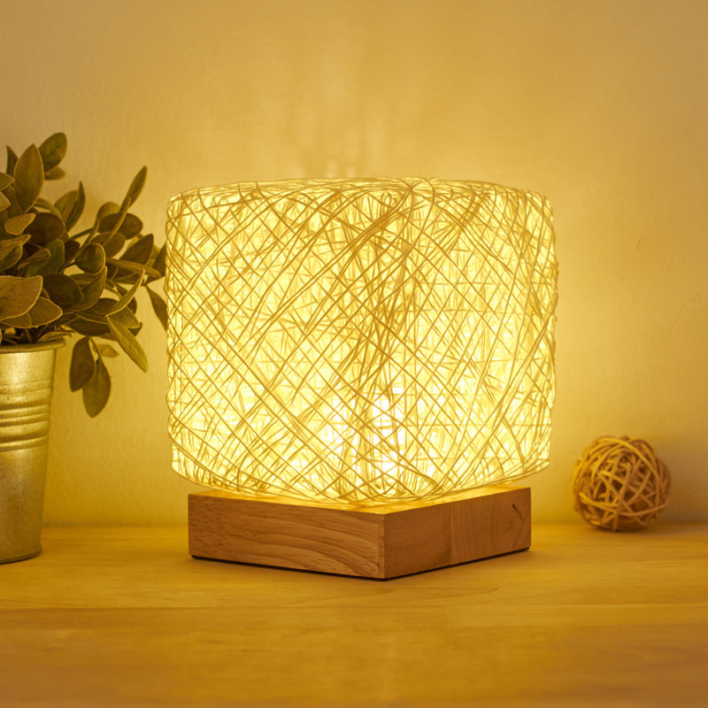 Hand-Knit Dimmable Square LED Desk Lights Wood Rattan Twine USB Charging Table Lamp Girls Bedroom Gift Home Decor Night Lighting - DropOnline.co