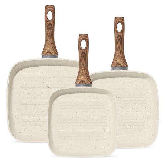 Nonstick Frying Pan Skillet Set, 3 Piece Square Grill Pans With Stay Cool Handle & PFOA Free, Compatible With All Stovetops - DropOnline.co