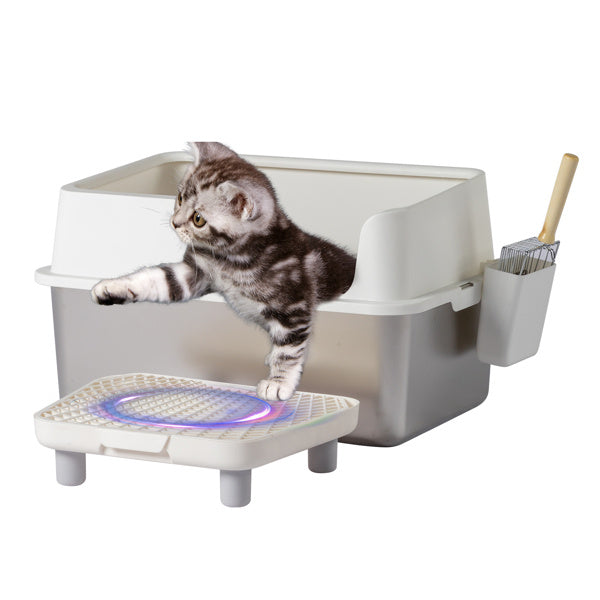 Stainless Steel With Plastic, Buckle Style With Shovel, Foot Pad, White Litter Box - DropOnline.co