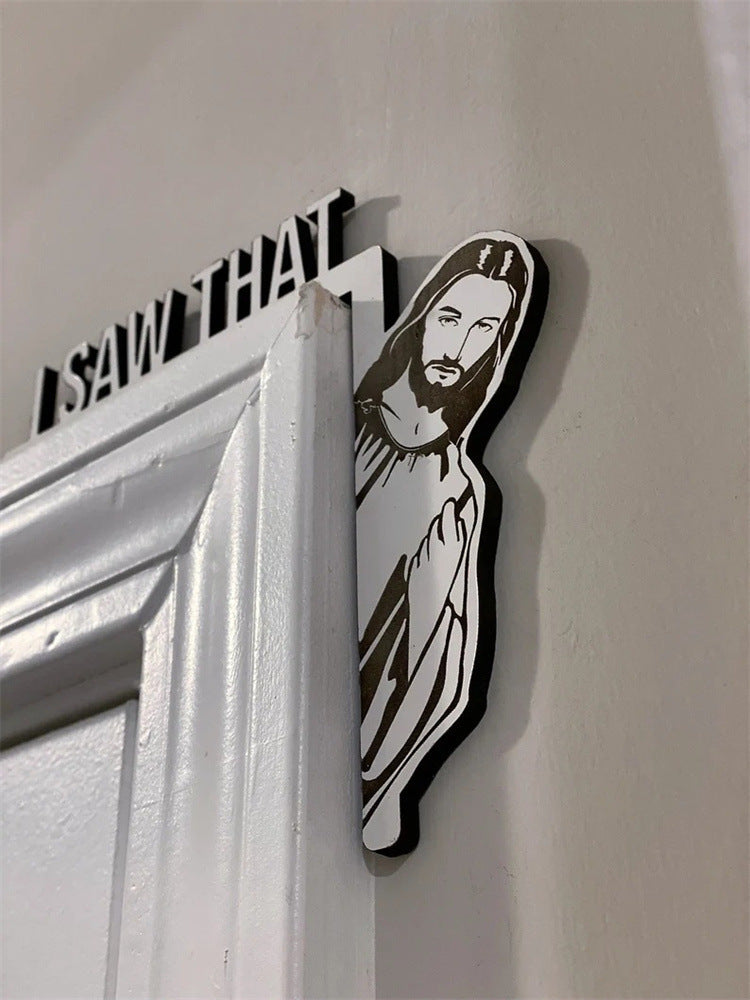 Wooden Door I Saw That Jesus Head Funny Home Decor Frame Ornament AND Merry Christmas Door Frame Decoration Santa Claus Elk - DropOnline.co