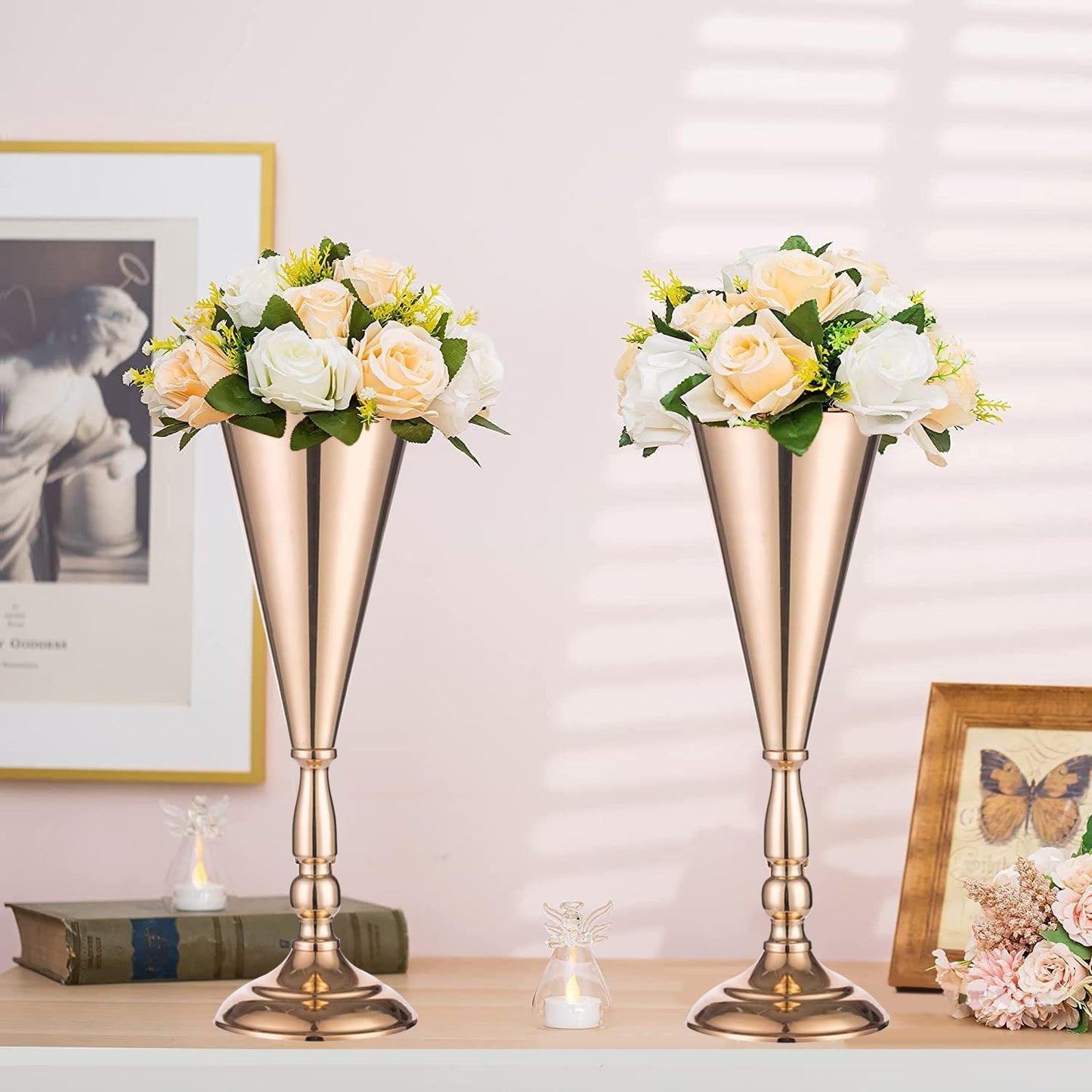 Golden Vase Flower Wedding Centerpieces For Tables 14 In Tall Flower Display Stand Wedding Metal Flower Arrangement Stand Trumpet Vase Tabletop Stand For Home Anniversary Ceremony Party - DropOnline.co