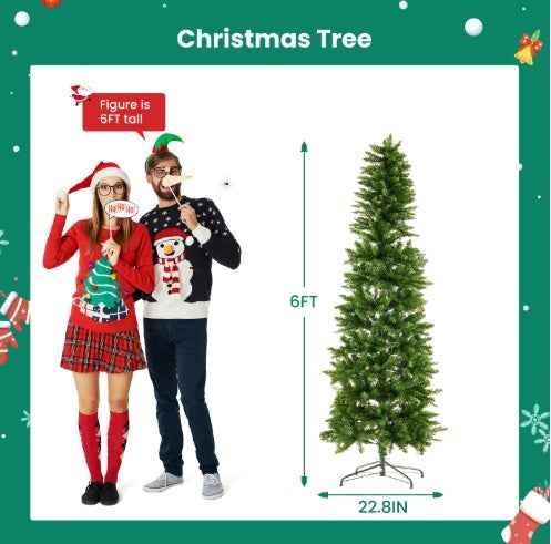 Pencil Christmas Tree, Prelighted Artificial Slim Christmas Trees With 250 Incandescent Lights, 571 Branch Tips & Foldable Base