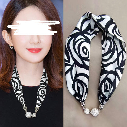 Magnetic Buckle Silk Scarf with Pearl Necklace - Women's Fashion Accessory - DropOnline.co
