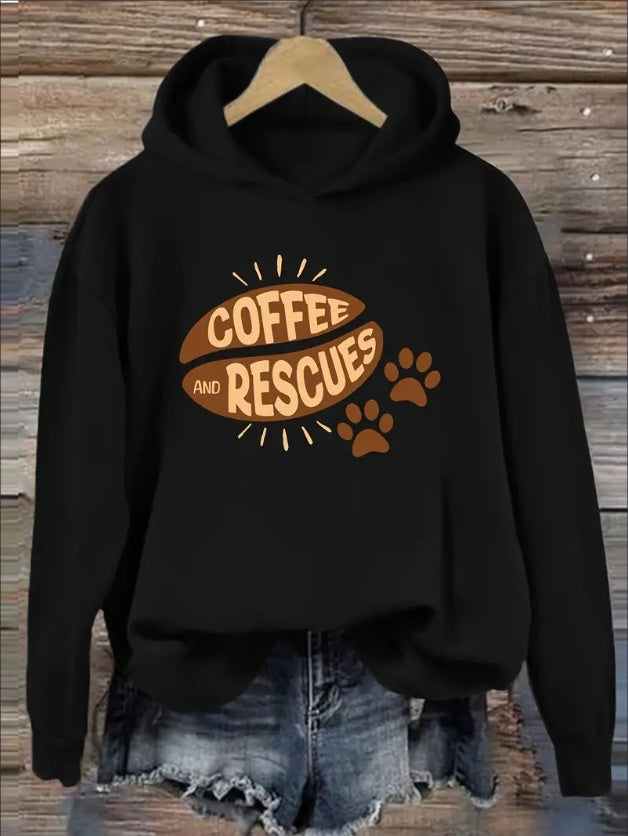 Women'S Casual  Hoodie With Coffee & Paw Print Hooded Sweatshirt With Alphabet & Animal Motif For Fall Winter - Versatile Graphic Print Hooded Top For Spring Fall - DropOnline.co