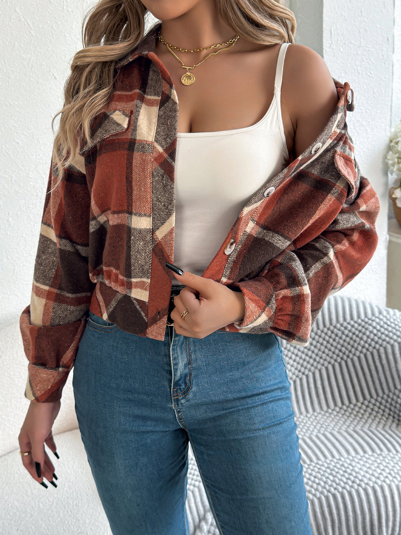 Autumn And Winter Casual Plaid Pocket Long Sleeve Woolen Jacket Coat - DropOnline.co