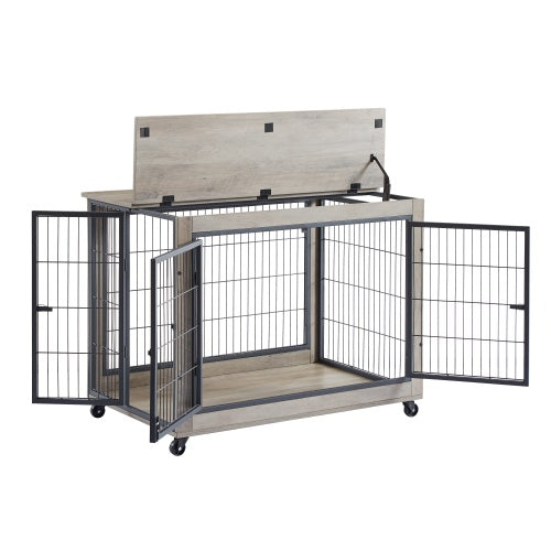 Furniture Style Dog Cage Side Table With Wheels With Double Doors And A Raised Top. Grey - DropOnline.co