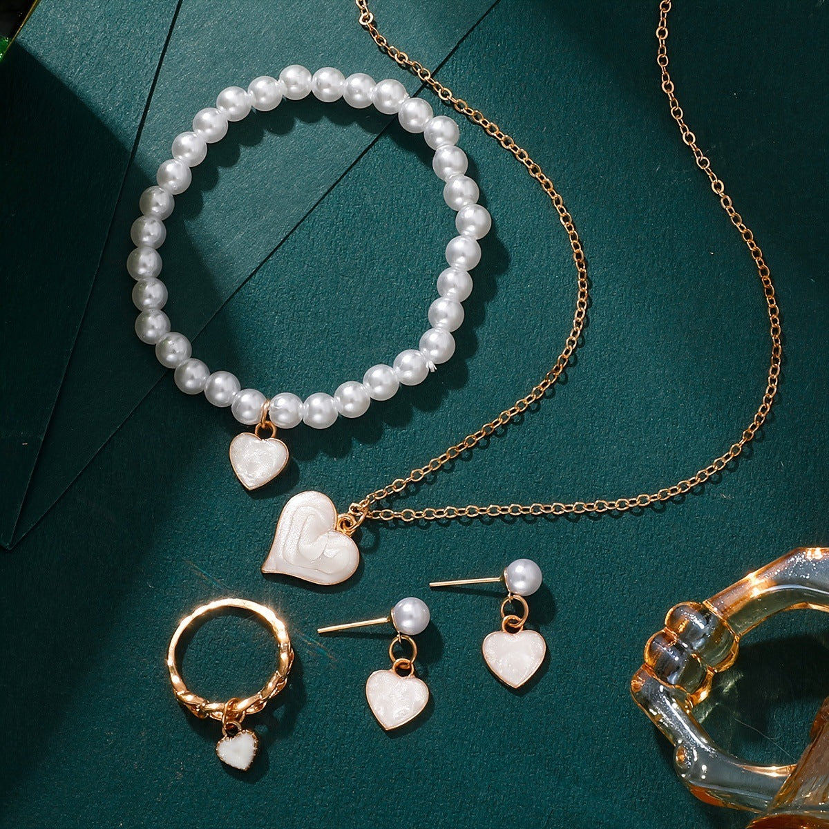 Girls Jewelry Cute All-match Oil Drop Heart Necklace Earrings Ring Bracelet Four-piece Set - DropOnline.co