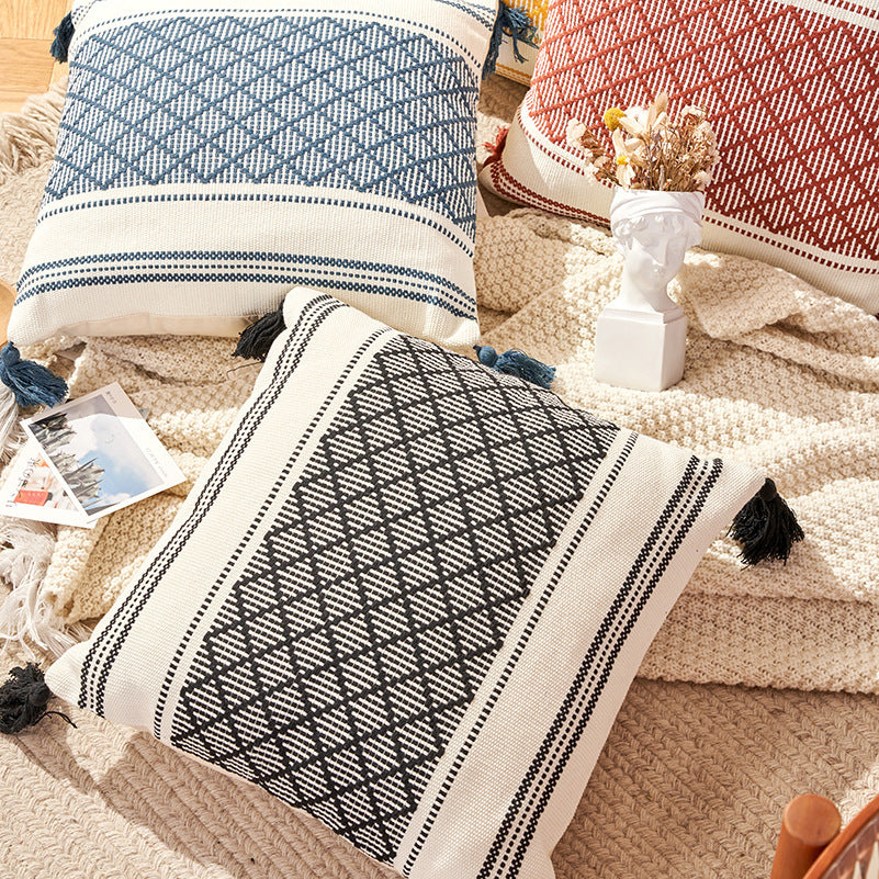 Geometric Woven Jacquard Tassel Cushion Cover - DropOnline.co