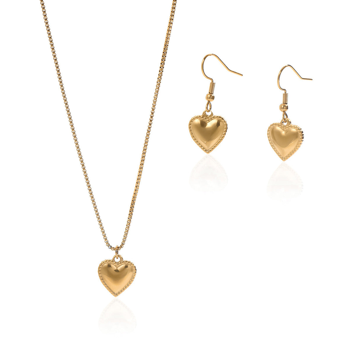 Lxalry 18K Gold Plated Stainless Steel Puffy Heart Pendant Necklace And Earrings Set For Women - Waterproof, Hypoallergenic, Cute Jewelry Gift For Birthday, Anniversary, Daily Wear, Summer Outfits - DropOnline.co
