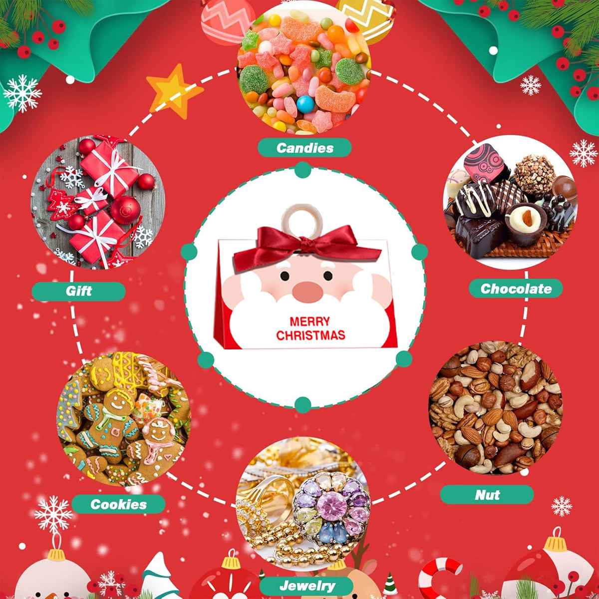 10 Pack Christmas Candy Boxes with Ribbon & Wooden Ring - Santa Pattern Treat Boxes - DropOnline.co