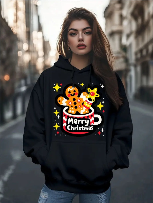 Women's Fashion Christmas Cute Cartoon Gingerbread Man Stars Coffee Mug Print Hoodies Long Sleeve Hood Sweatshirt Loose Fit Tops Fall Streetwear - DropOnline.co