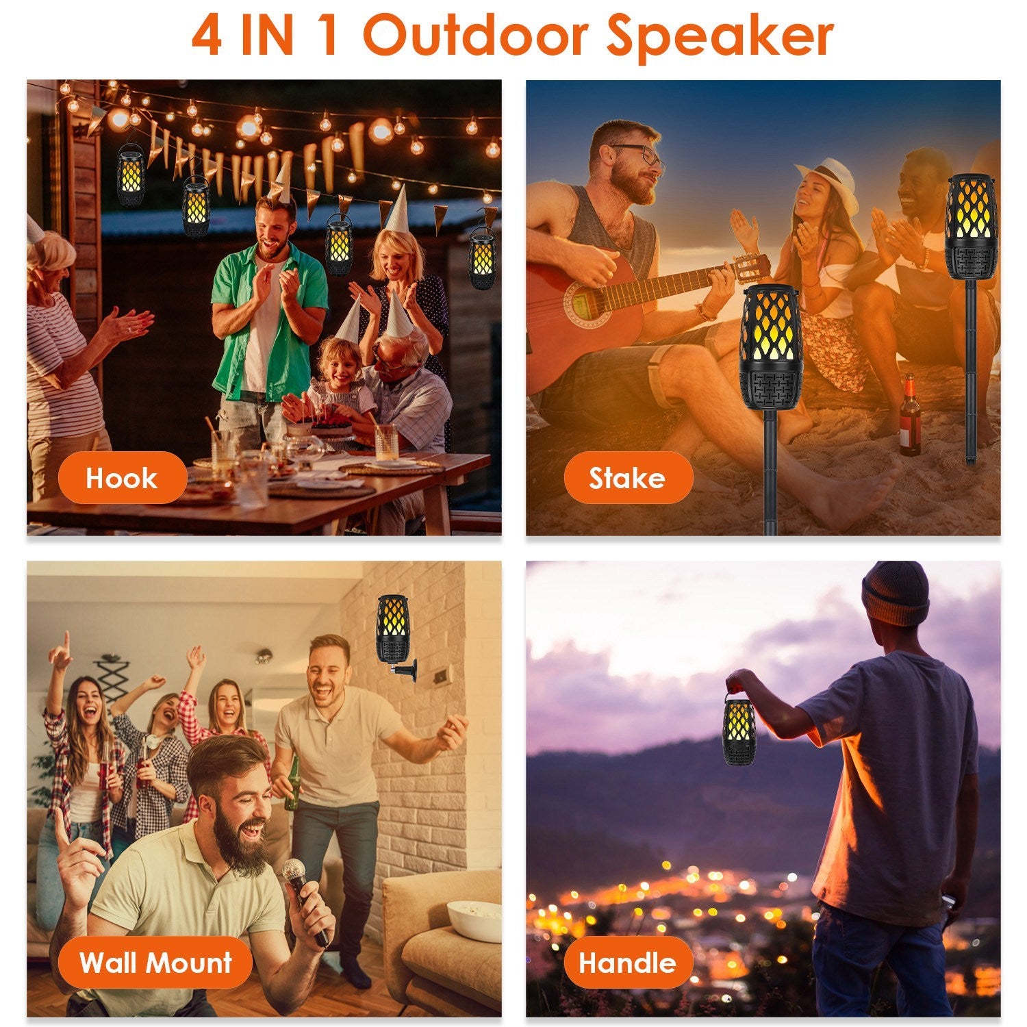 1Pc 4 In 1 Wireless 5.3 Outdoor Speaker IPX5 Waterproof Patio Speaker LED Flame Speaker With 3 Flame Light Modes Hook Stake Wall Mount Holder Sync Up To 1,00 Speakers - DropOnline.co