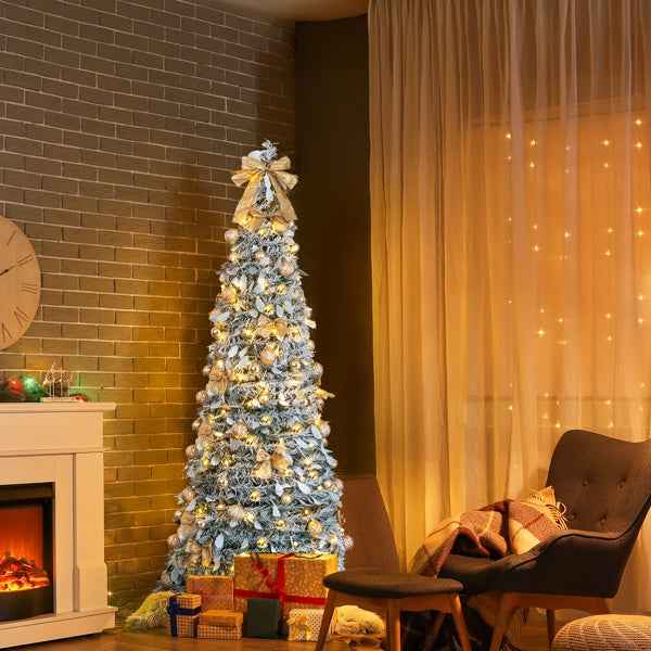 6 FT Snow Flocked Pre-lit Pop Up Christmas Tree with 100 Warm Lights & Ornaments