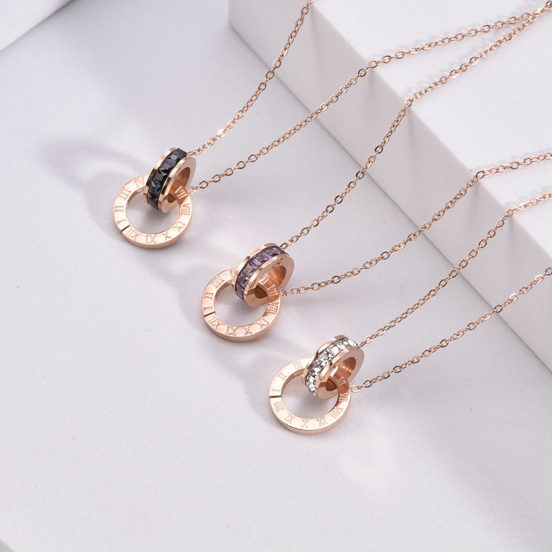 Roman Numeral Ring Diamond Titanium Steel Necklace Women's - DropOnline.co