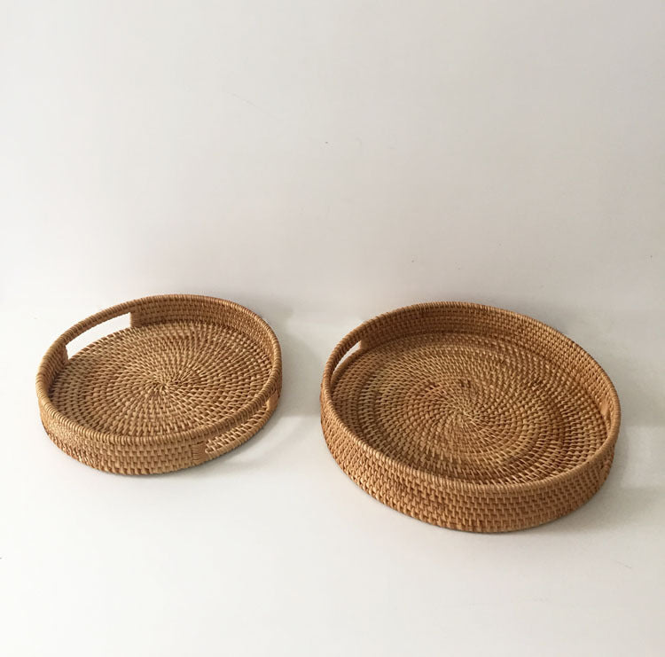 Rattan Snack Storage Tray Round Basket Hand Woven Decor Bread Fruit Food Display R9JC - DropOnline.co