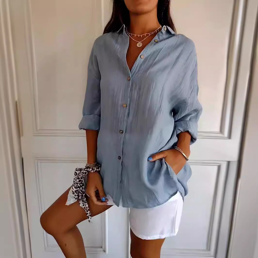 Women's Lapel Long Sleeve Shirt - Single-Breasted Pleated Button-Up - DropOnline.co
