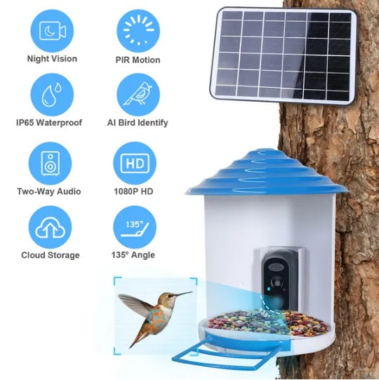 Smart Bird Feeder With Solar Powered Camera 1080P HD AI Identify PIR Motion Auto Capture Video Cloud Card Storage WiFi Connection App Control IP65 Waterproof - DropOnline.co