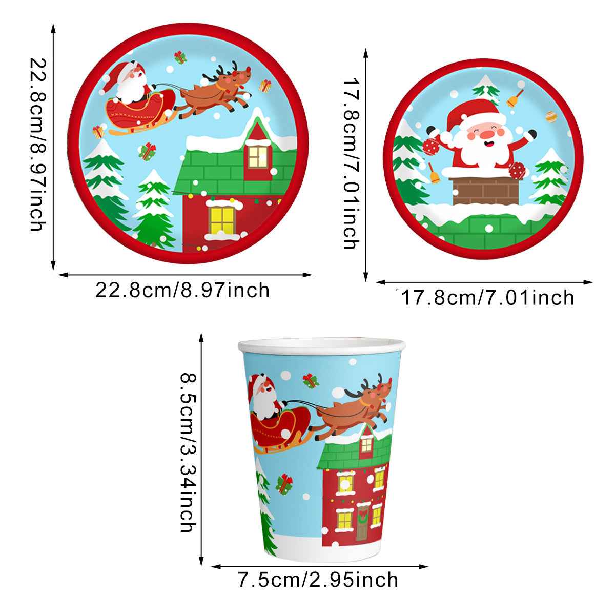 Christmas Paper Plates and Cups Set for 10 Guests - Santa Claus Elk Pattern - DropOnline.co