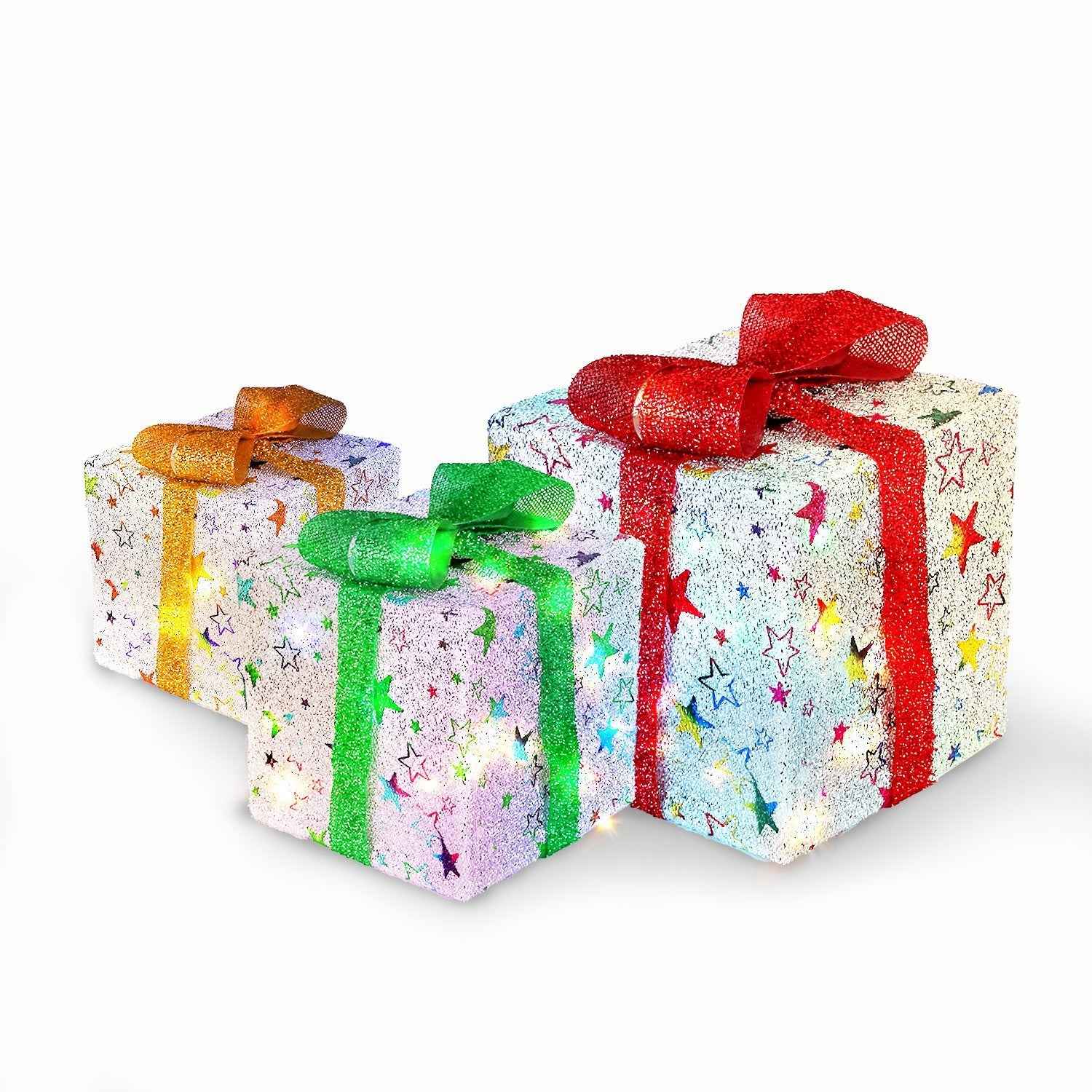 Set of 3 Christmas Lighted Gift Boxes - 50 LED Star/Deer Pattern IP44 Waterproof - DropOnline.co