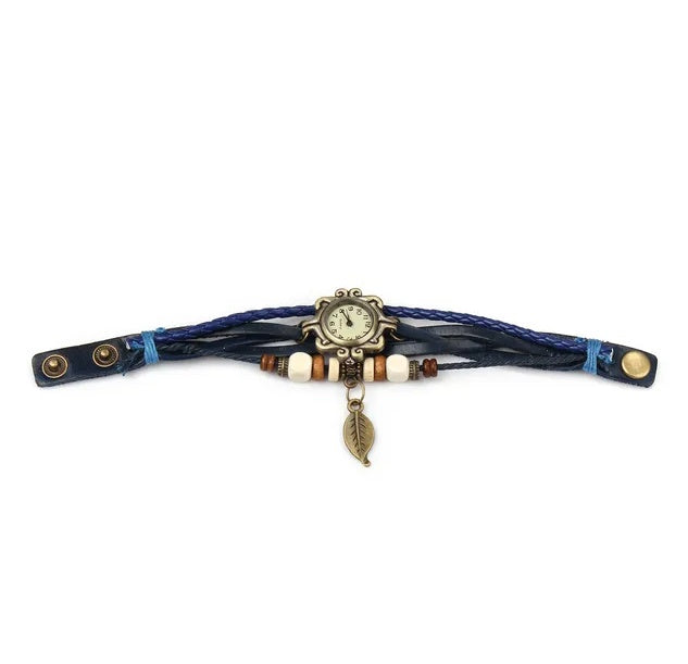 Beautiful Bohemian Style Retro Handmade Leather Tree Leaf Women's Watches Blue - DropOnline.co