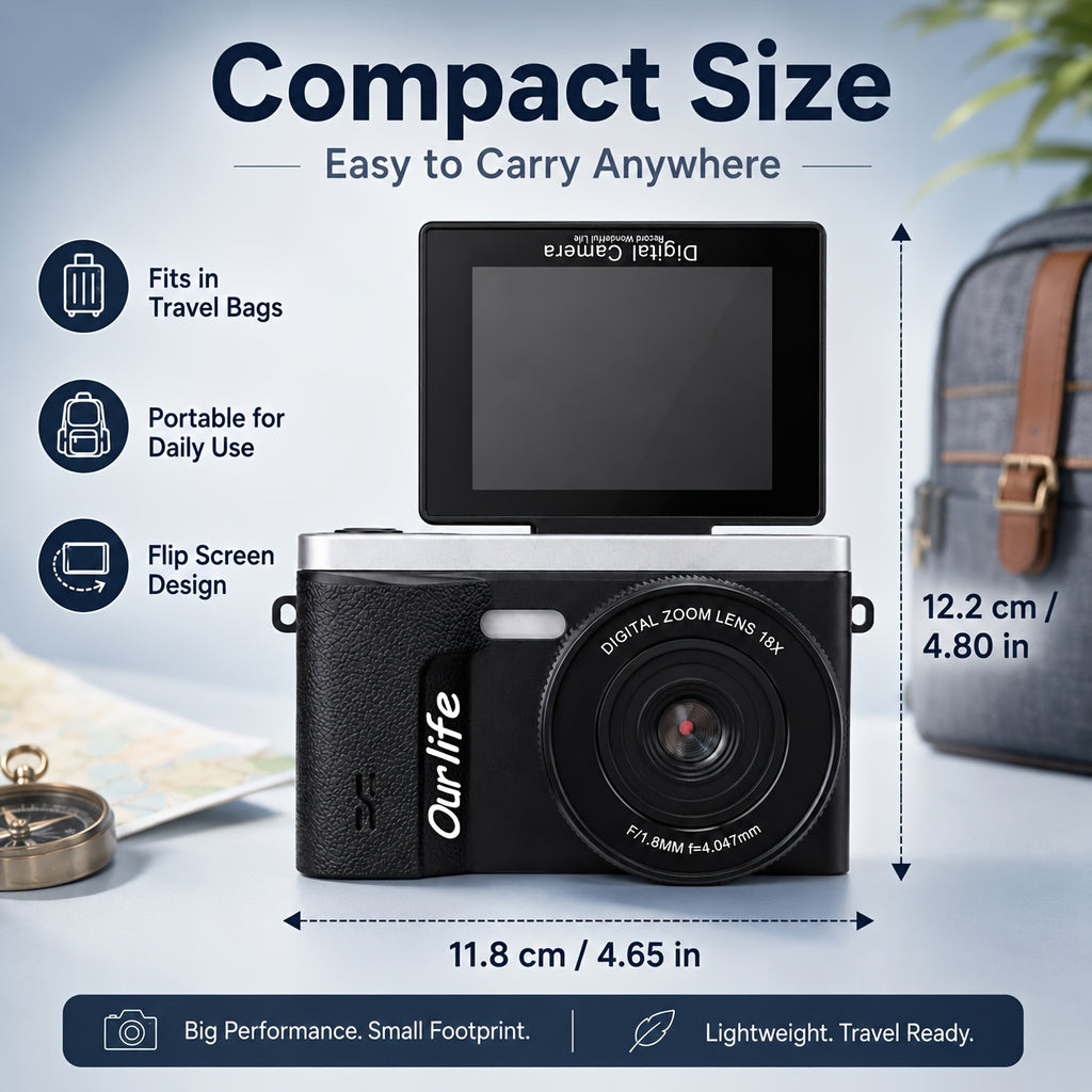 4K Digital Camera for Photography, 180° Flip Screen, 18X Digital Zoom Compact Point And Shoot Camera with Flash, Anti-Shake Portable Travel Camera for Daily Recording, Family, Beginners, And Students