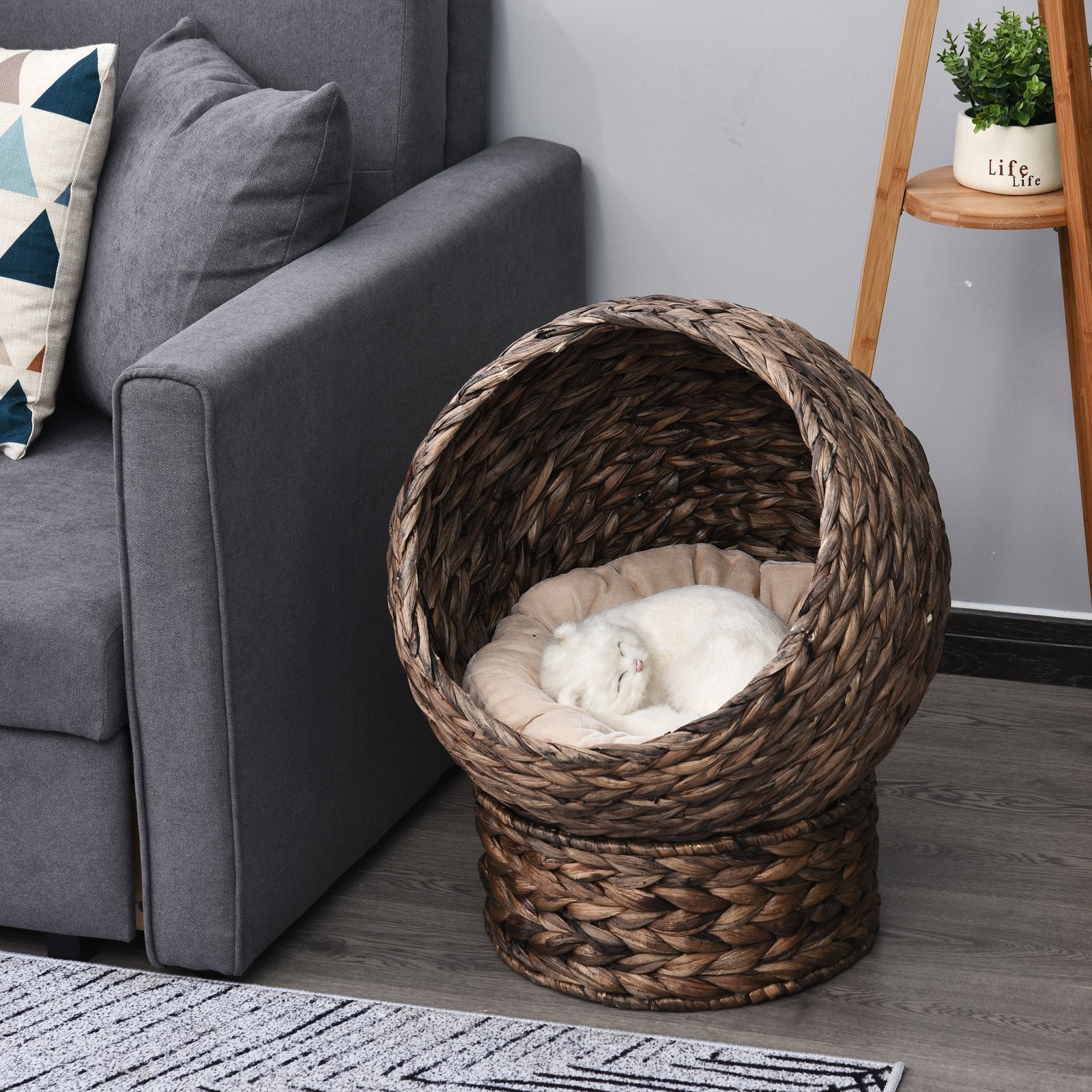 Handmade Wicker Elevated Cat Bed With Cushion Dark Brown For Kittens - DropOnline.co