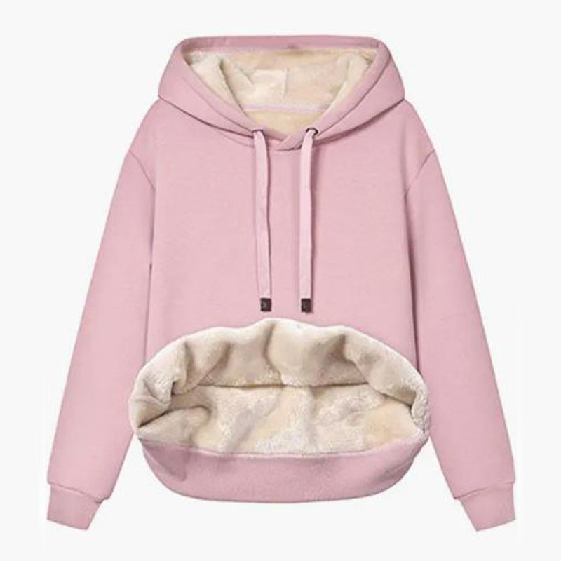 Autumn And Winter Warm Lamb Fleece Pocket Hooded Sports Sweatshirt Jacket For Women - DropOnline.co