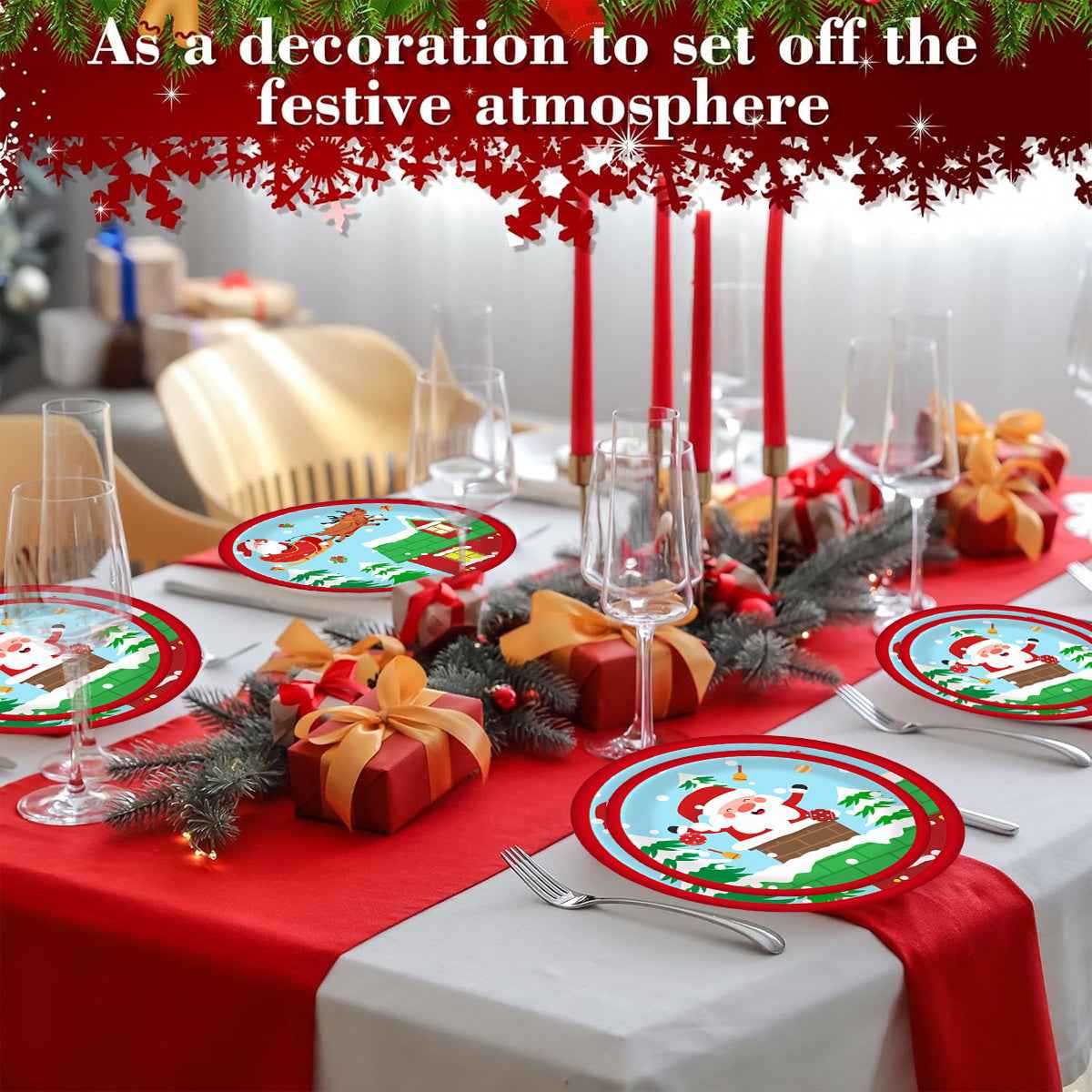 Christmas Paper Plates and Cups Set for 10 Guests - Santa Claus Elk Pattern - DropOnline.co