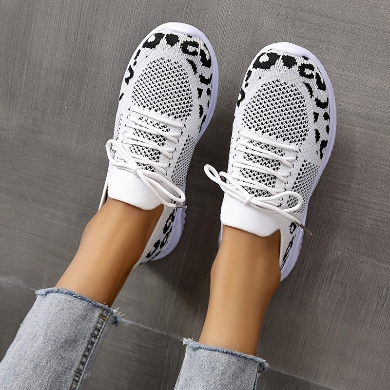 White Shoes Women Leopard Print Lace-up Sneakers Sports - DropOnline.co